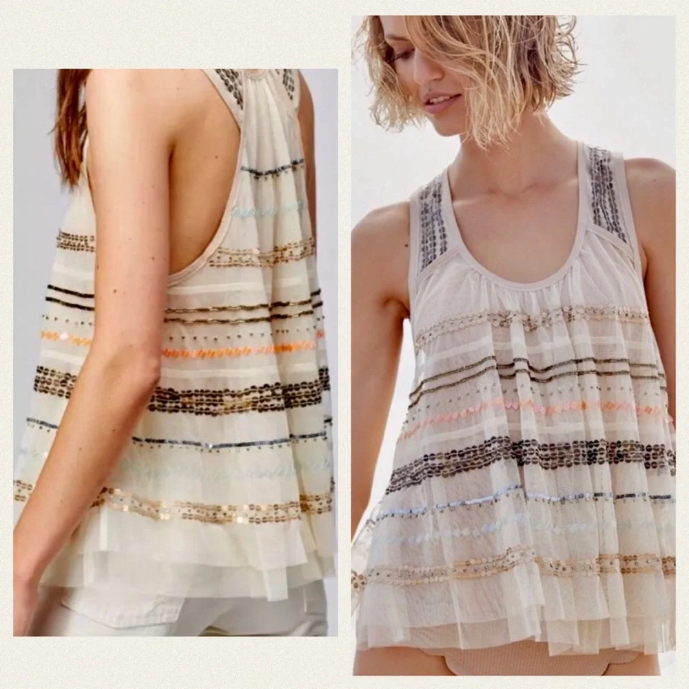 New Free People Mercury XS Ivory Gold Sheer Sequin Sleeveless Swing Racerback